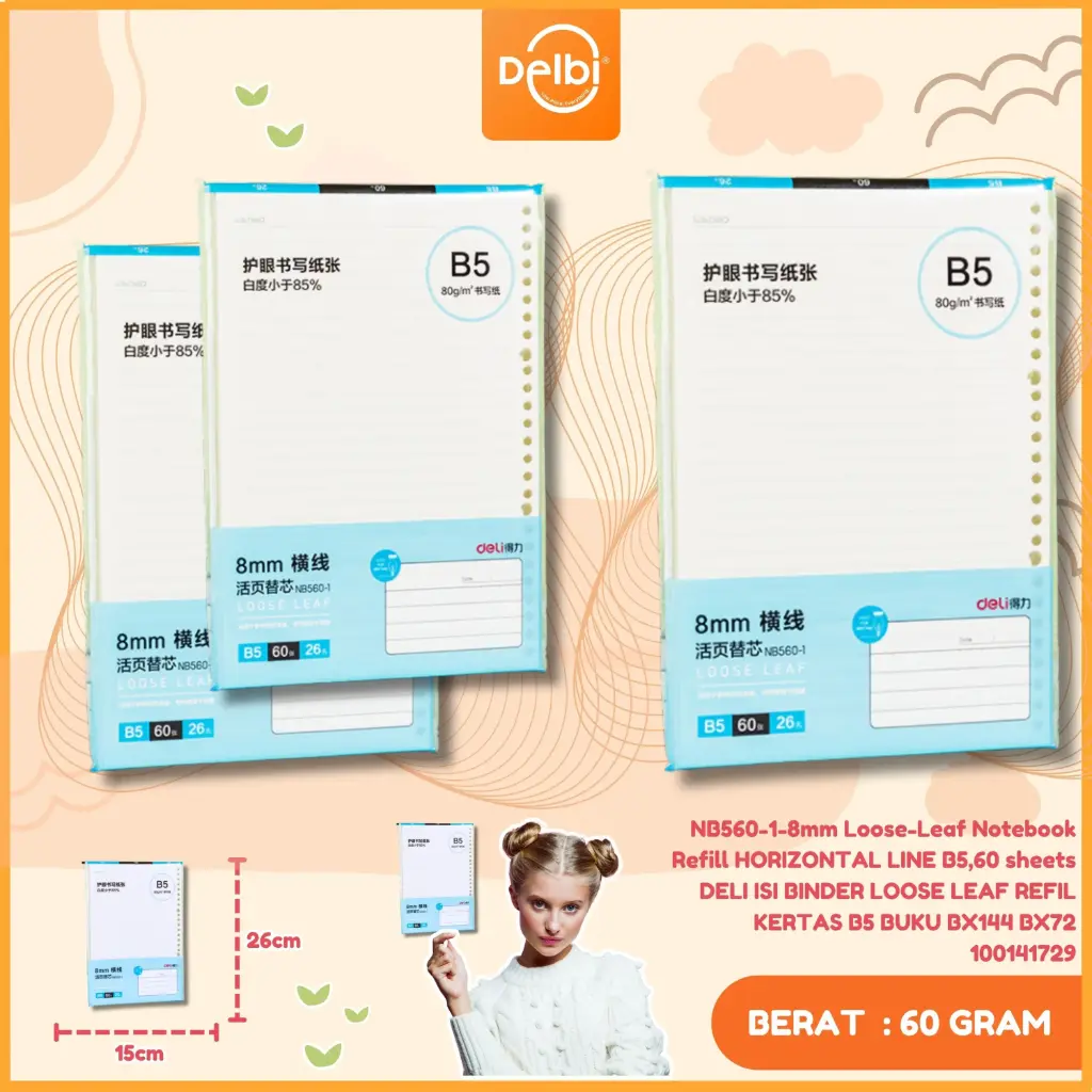 NB560-1-8mm Loose-Leaf Notebook Refill HORIZONTAL LINE B5,60 sheets DELI ISI BINDER LOOSE LEAF REFIL KERTAS B5 BUKU BX144 BX72