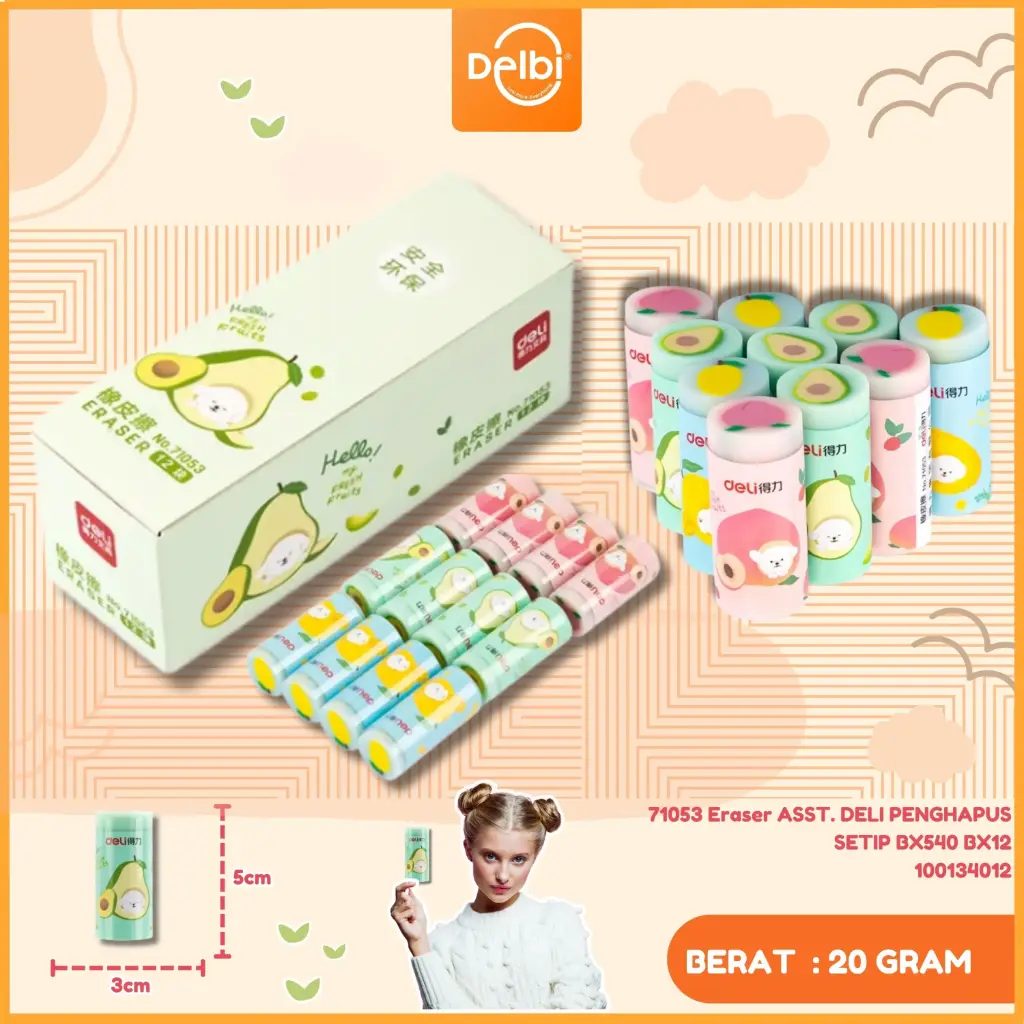 71053 Eraser ASST. DELI PENGHAPUS SETIP BX540 BX12