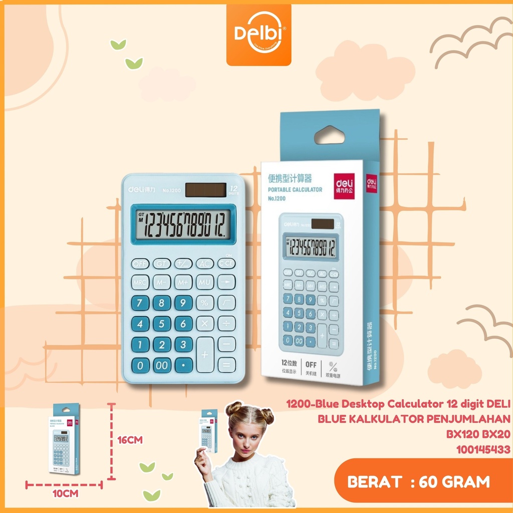 1200-Blue Desktop Calculator 12 digit DELI BLUE KALKULATOR PENJUMLAHAN BX120 BX20