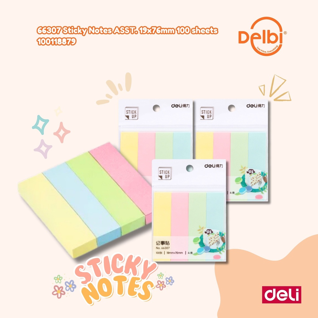DELI 66307 Sticky Notes ASST. 19x76mm 100 sheets BX216 BX12
