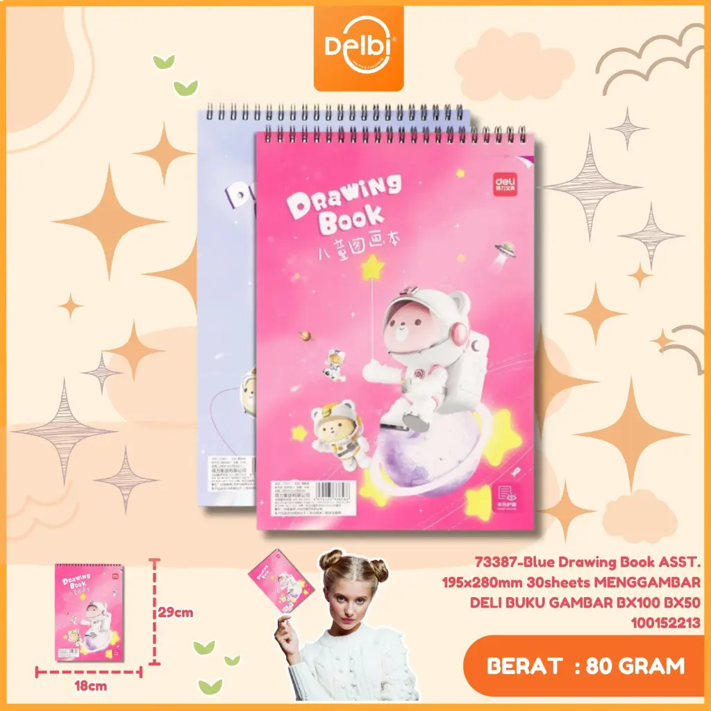 73387-Blue Drawing Book ASST. 195x280mm 30sheets MENGGAMBAR DELI BUKU GAMBAR BX100 BX50