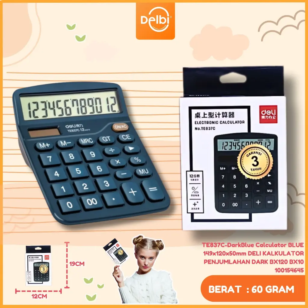 TE837C-DarkBlue Calculator BLUE 149x120x50mm DELI KALKULATOR PENJUMLAHAN DARK BX120 BX10