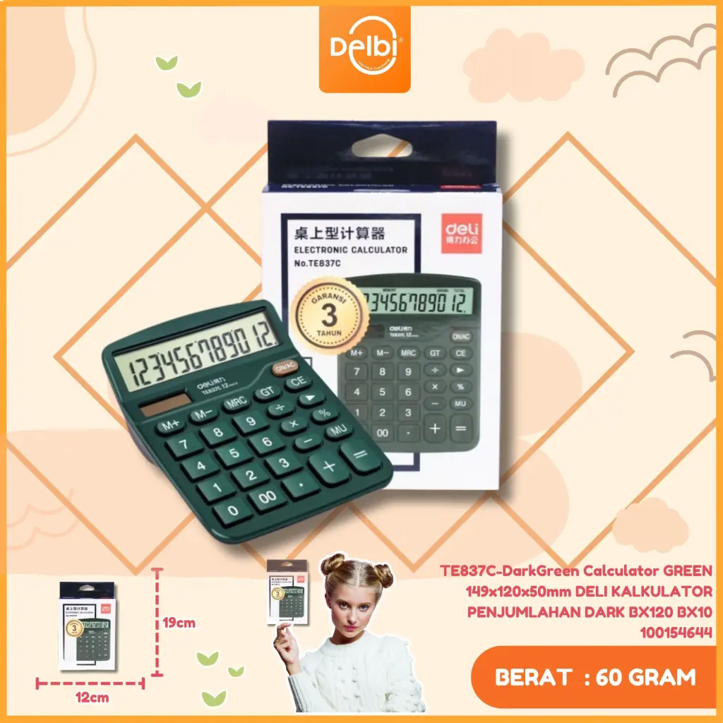 [100154644] TE837C-DarkGreen Calculator GREEN 149x120x50mm DELI KALKULATOR PENJUMLAHAN DARK BX120 BX10