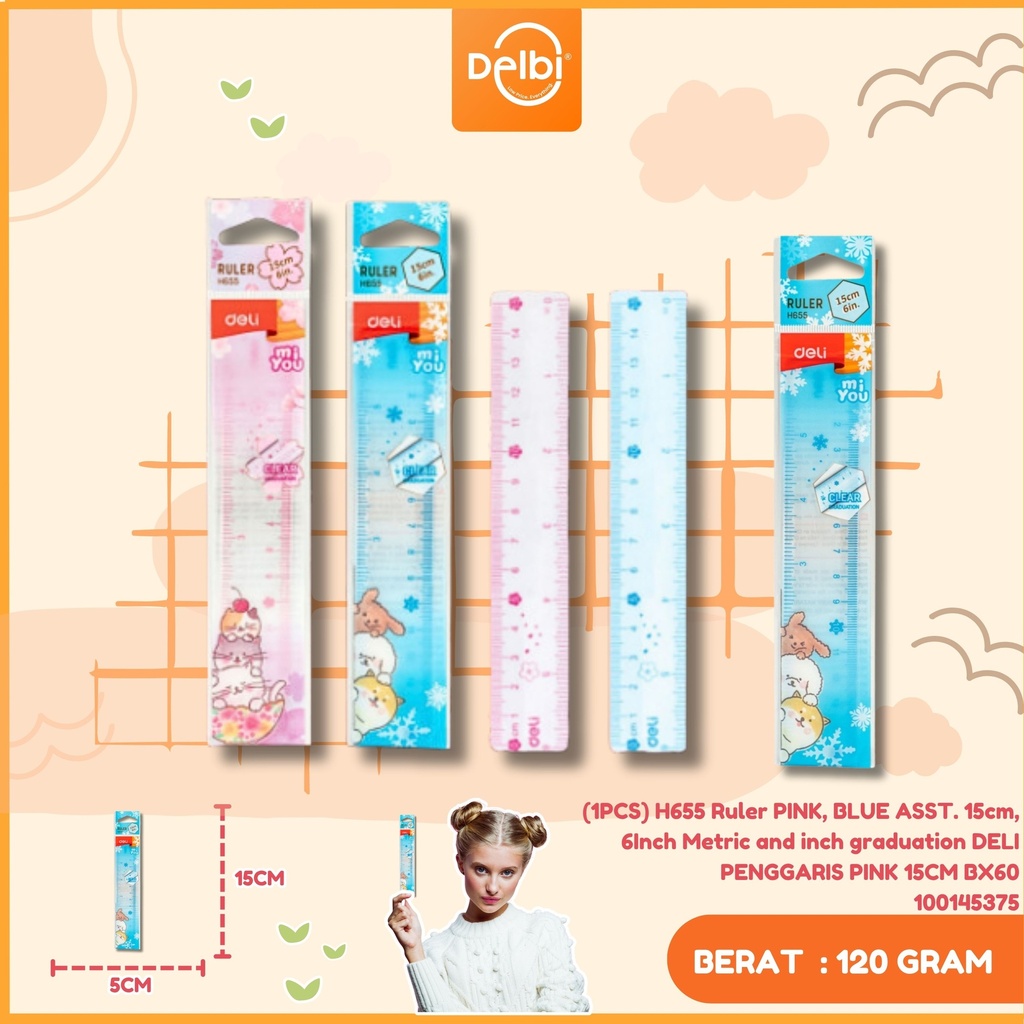 (1PCS) H655 Ruler PINK, BLUE ASST. 15cm, 6Inch Metric and inch graduation DELI PENGGARIS PINK 15CM BX60
