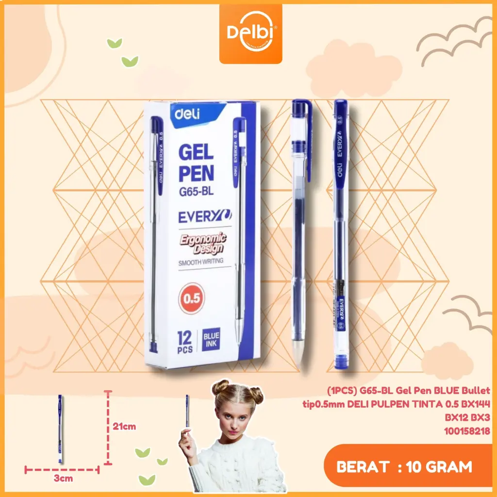 (1PCS) G65-BL Gel Pen BLUE Bullet tip0.5mm DELI PULPEN TINTA 0.5 BX144 BX12 BX3