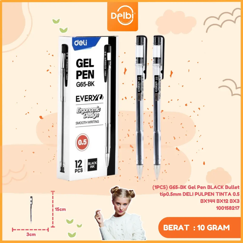 (1PCS) G65-BK Gel Pen BLACK Bullet tip0.5mm DELI PULPEN TINTA 0.5 BX144 BX12 BX3