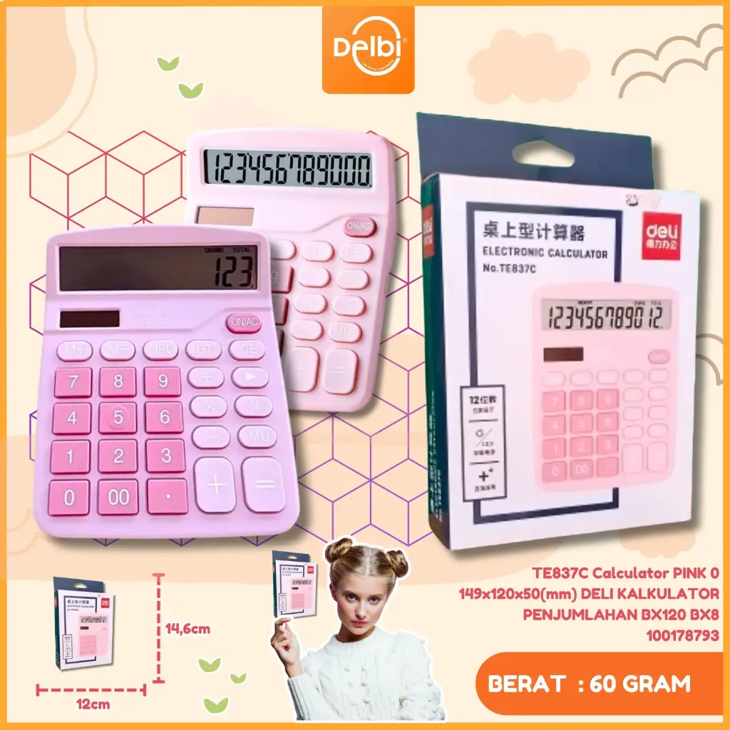 [100178793] TE837C Calculator PINK 0 149x120x50(mm) DELI KALKULATOR PENJUMLAHAN BX120 BX8