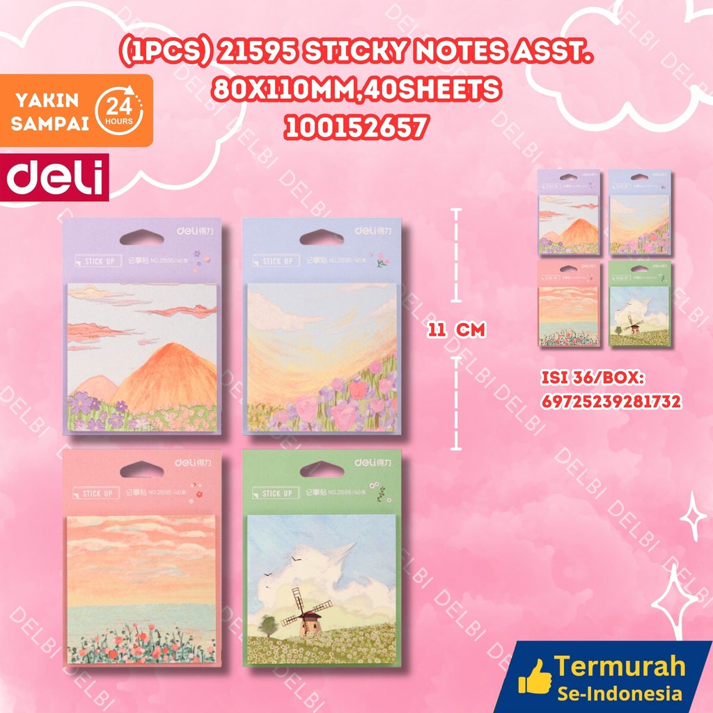 (1PCS) 21595 Sticky Notes ASST. 80x110mm,40sheets DELI KERTAS PENANDA CATATAN BX432 BX36
