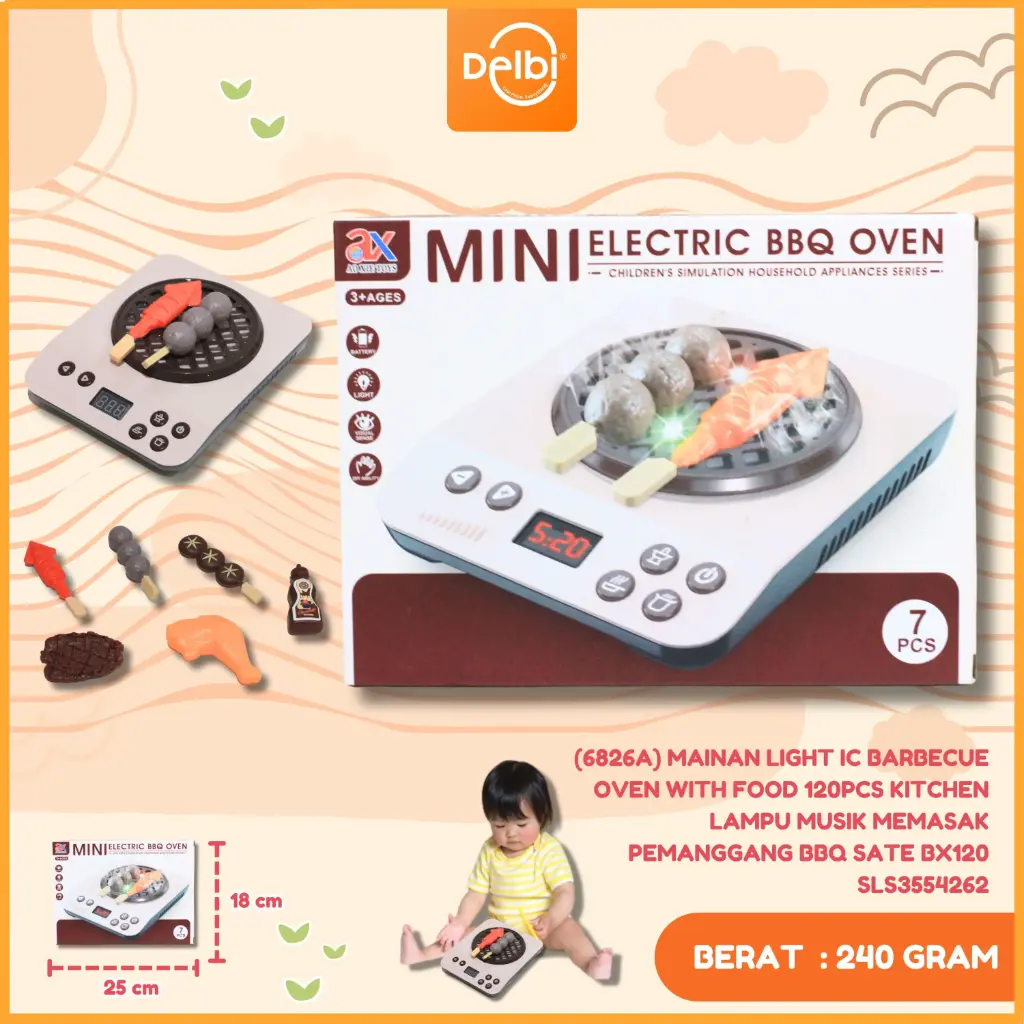 (6826A) MAINAN LIGHT IC BARBECUE OVEN WITH FOOD 120PCS KITCHEN LAMPU MUSIK MEMASAK PEMANGGANG BBQ SATE BX120
