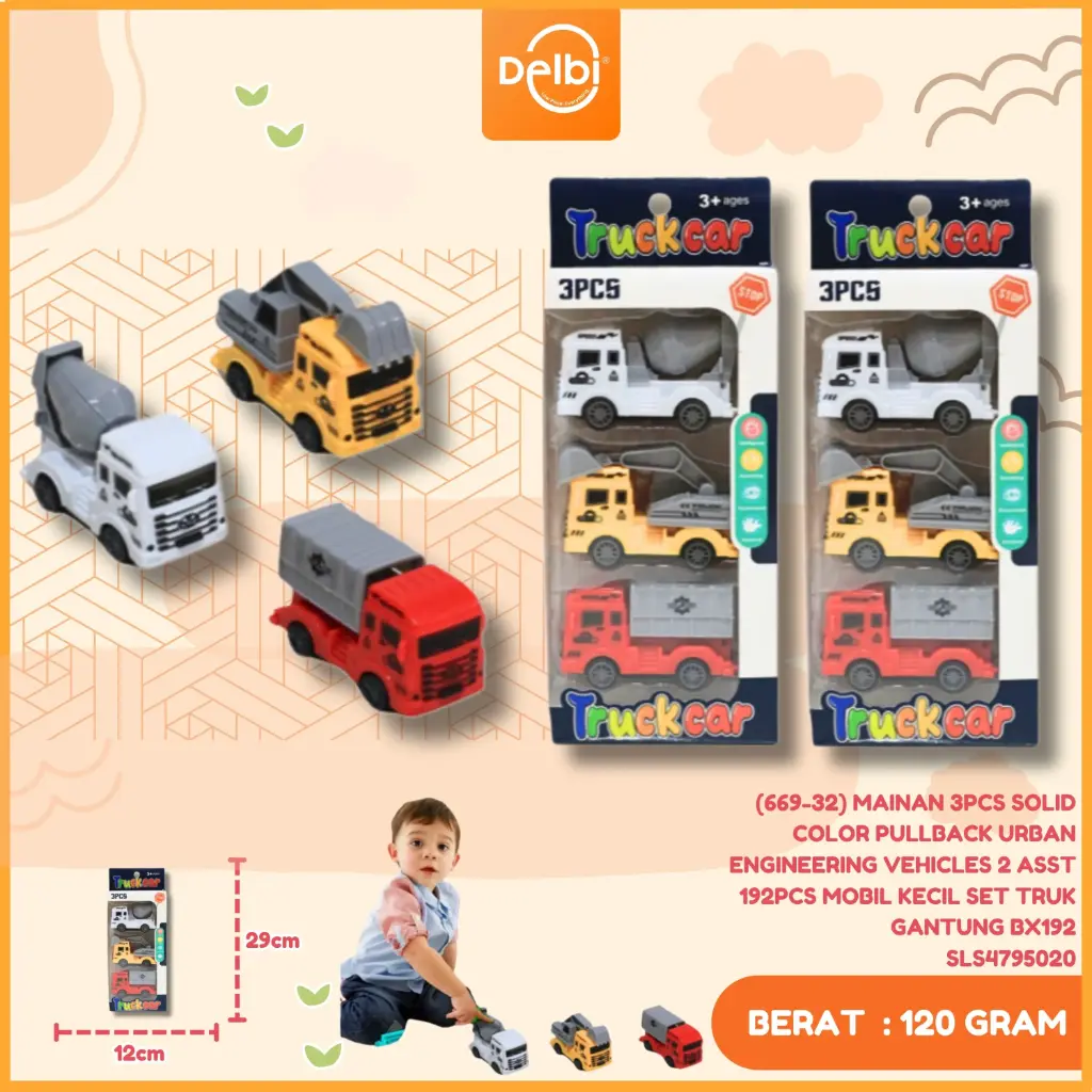 (669-32) MAINAN 3PCS SOLID COLOR PULLBACK URBAN ENGINEERING VEHICLES 2 ASST 192PCS MOBIL KECIL SET TRUK GANTUNG BX192