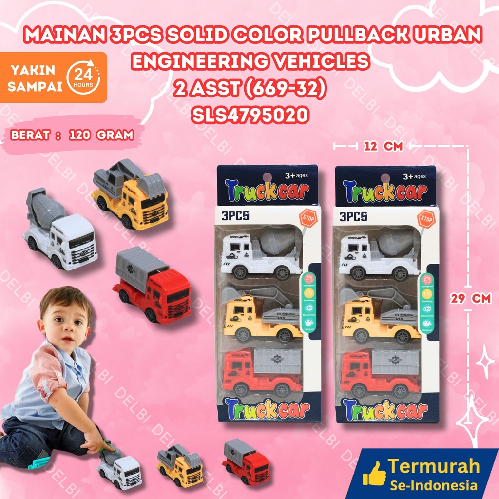 (669-32) MAINAN 3PCS SOLID COLOR PULLBACK URBAN ENGINEERING VEHICLES 2 ASST 192PCS MOBIL KECIL SET TRUK GANTUNG BX192