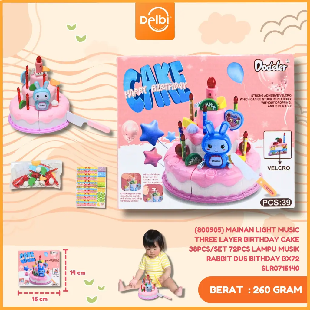 (800905) MAINAN LIGHT MUSIC THREE LAYER BIRTHDAY CAKE 38PCS/SET 72PCS LAMPU MUSIK RABBIT DUS BITHDAY BX72