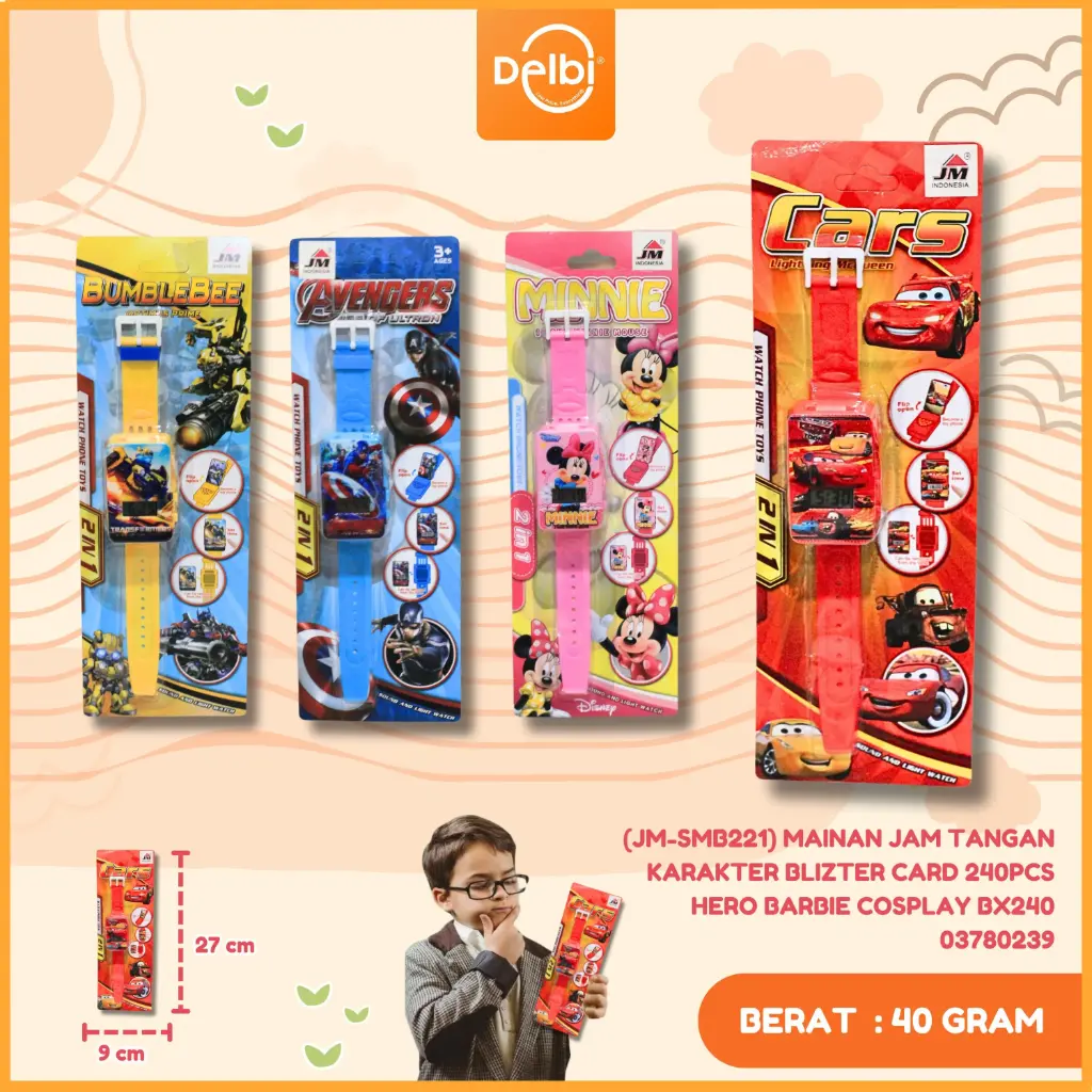 (JM-SMB221) MAINAN JAM TANGAN KARAKTER BLIZTER CARD 240PCS HERO BARBIE COSPLAY BX240