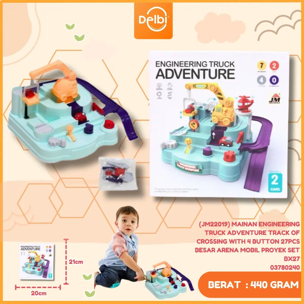 (JM22019) MAINAN ENGINEERING TRUCK ADVENTURE TRACK OF CROSSING WITH 4 BUTTON 27PCS BESAR ARENA MOBIL PROYEK SET BX27