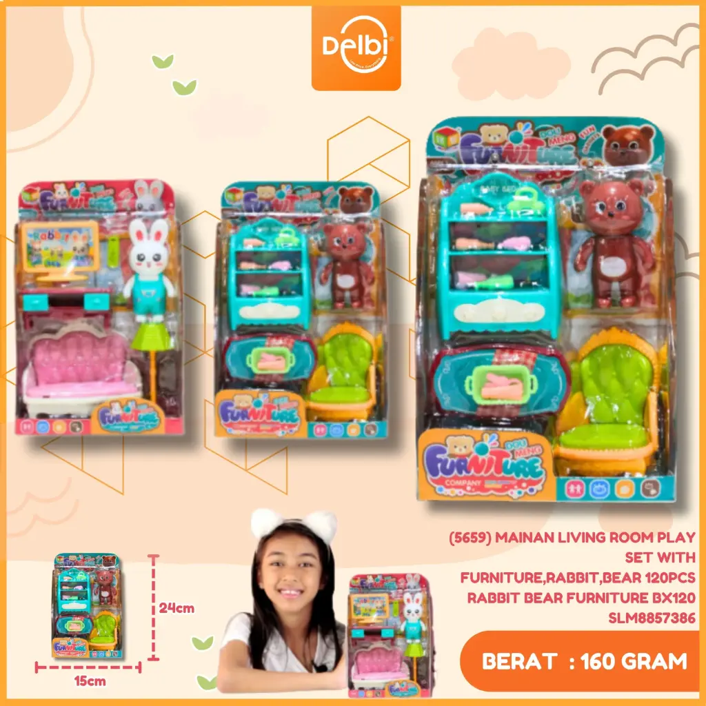 (5659) MAINAN LIVING ROOM PLAY SET WITH FURNITURE,RABBIT,BEAR 120PCS RABBIT BEAR FURNITURE BX120
