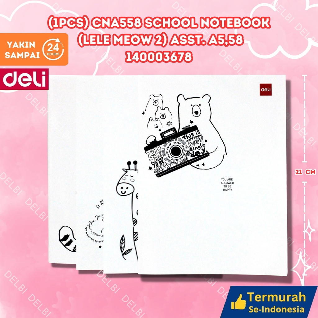 (1PCS) CNA558 School Notebook (Lele Meow 2) ASST. A5,58 DELI BUKU TULIS 58 LEMBAR LELE 2