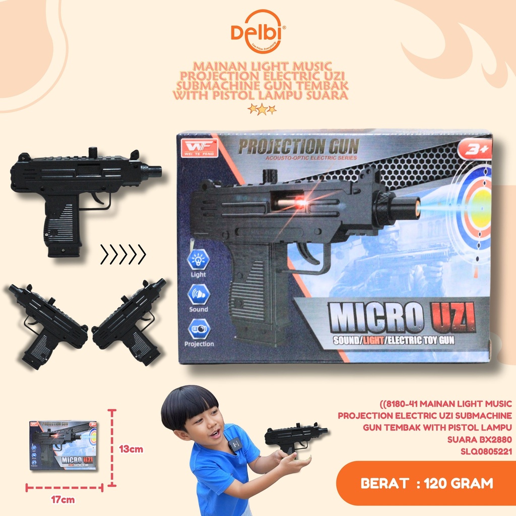 (8180-41 MAINAN LIGHT MUSIC PROJECTION ELECTRIC UZI SUBMACHINE GUN TEMBAK WITH PISTOL LAMPU SUARA BX288