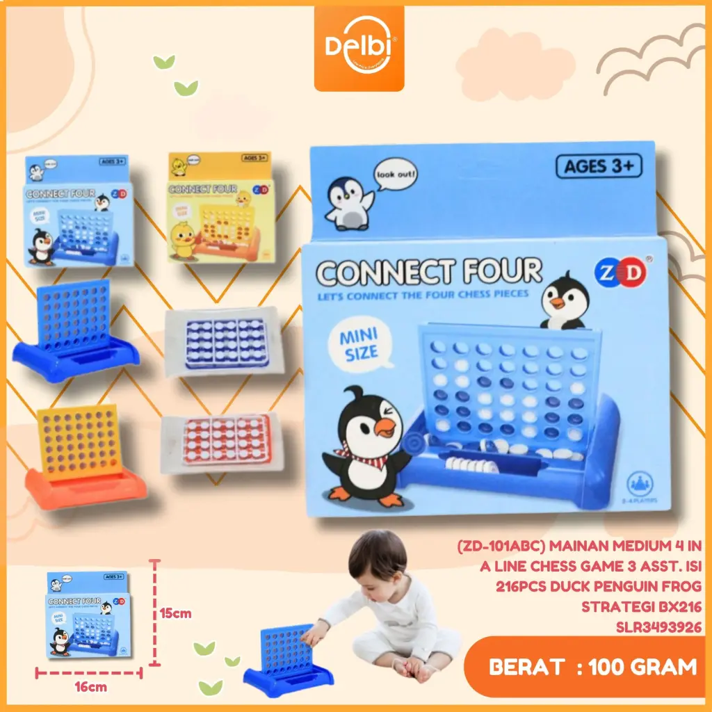 (ZD-101ABC) MAINAN MEDIUM 4 IN A LINE CHESS GAME 3 ASST. ISI 216PCS DUCK PENGUIN FROG STRATEGI BX216