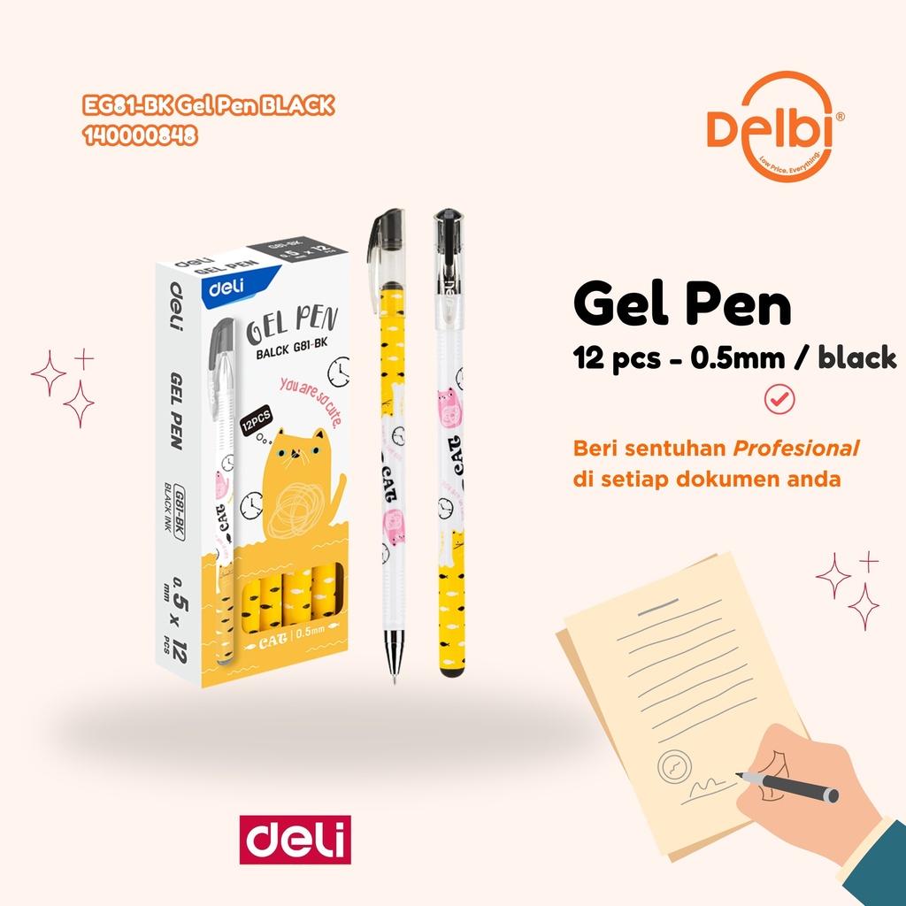 EG81-BK Gel Pen BLACK DELI TINTA HITAM BX12 BX144 BX1728