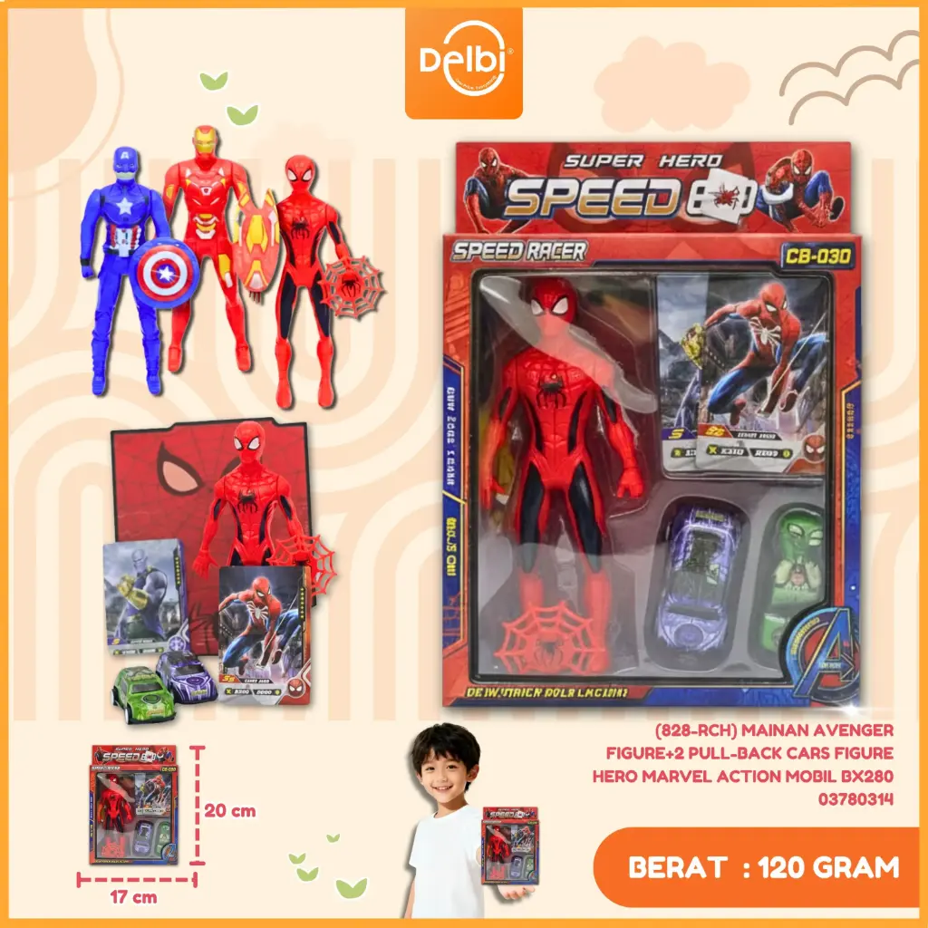 (828-RCH) URE HERO MARVEL ACTION MOBIL BX280MAINAN AVENGER FIGURE+2 PULL-BACK CARS FIG