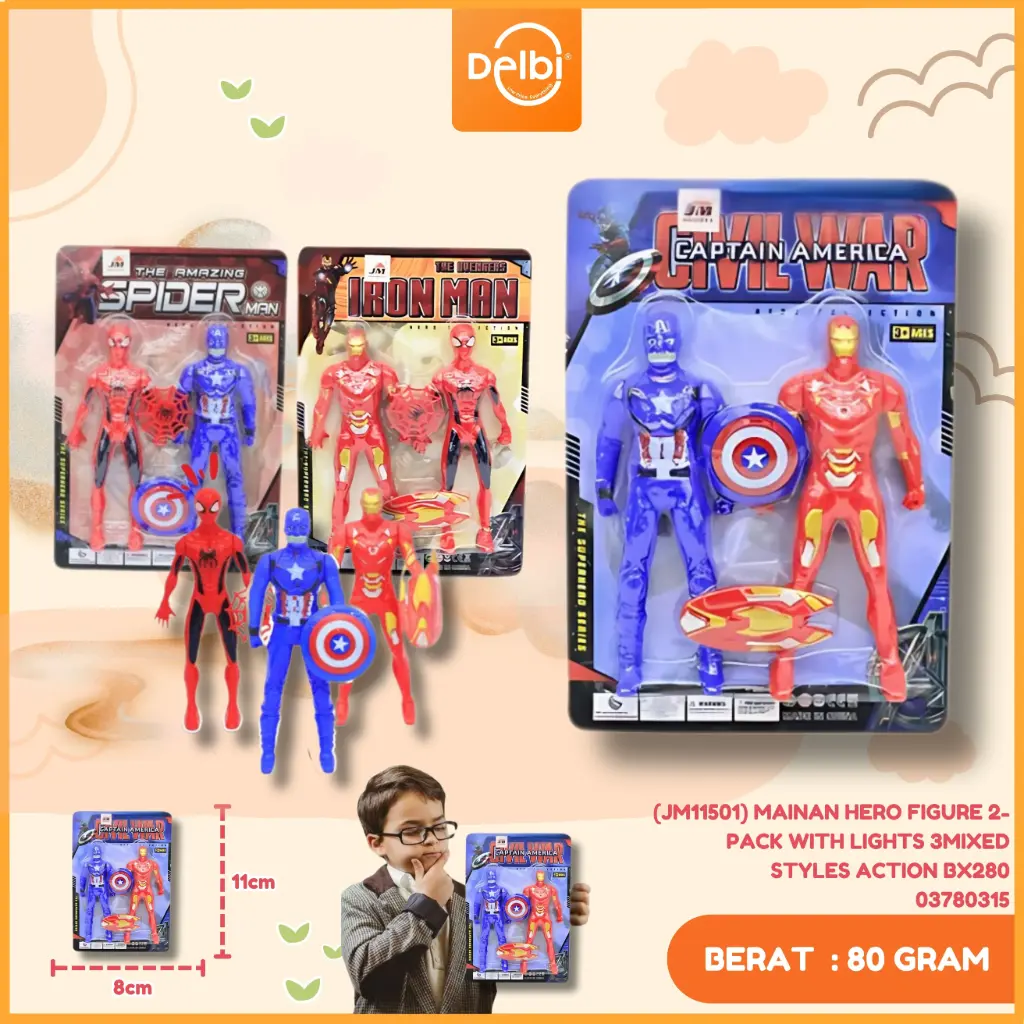 (JM11501) MAINAN HERO FIGURE 2-PACK WITH LIGHTS 3MIXED STYLES ACTION BX280