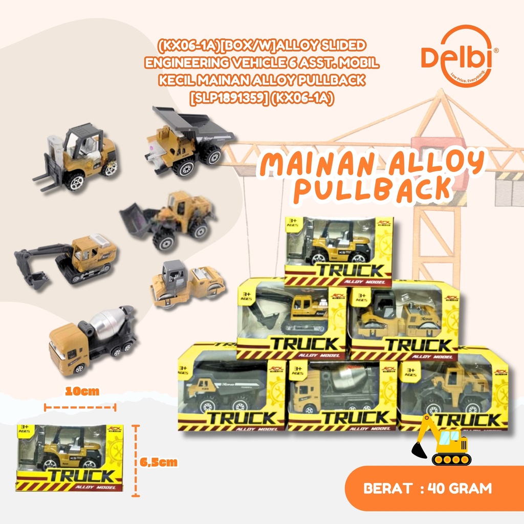 (KX08-1A)[BOX/W]ALLOY SLIDED ENGINEERING VEHICLE 6 ASST. MOBIL KECIL MAINAN ALLOY PULLBACK