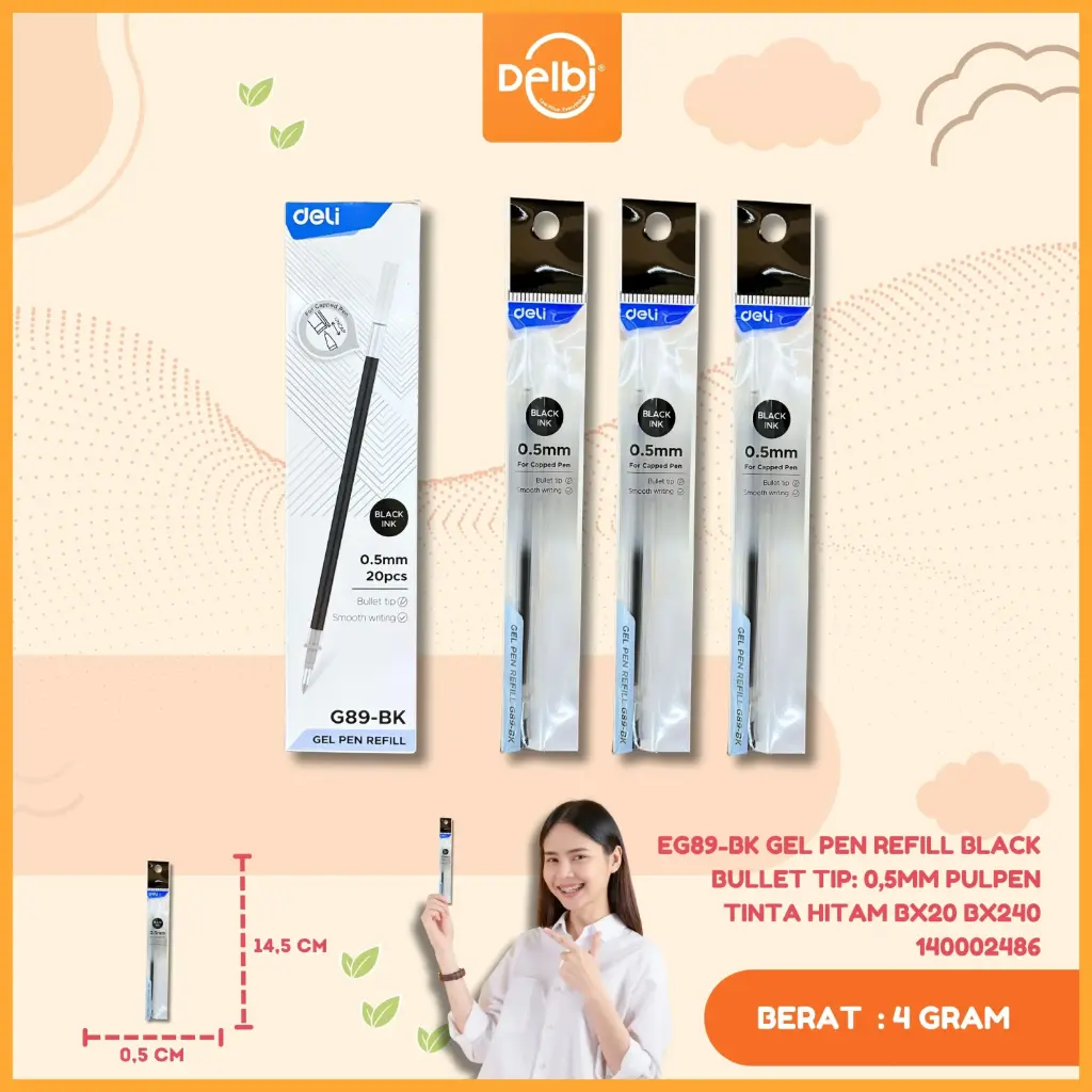 EG89-BK GEL PEN REFILL BLACK BULLET TIP: 0,5MM PULPEN TINTA HITAM BX20 BX240