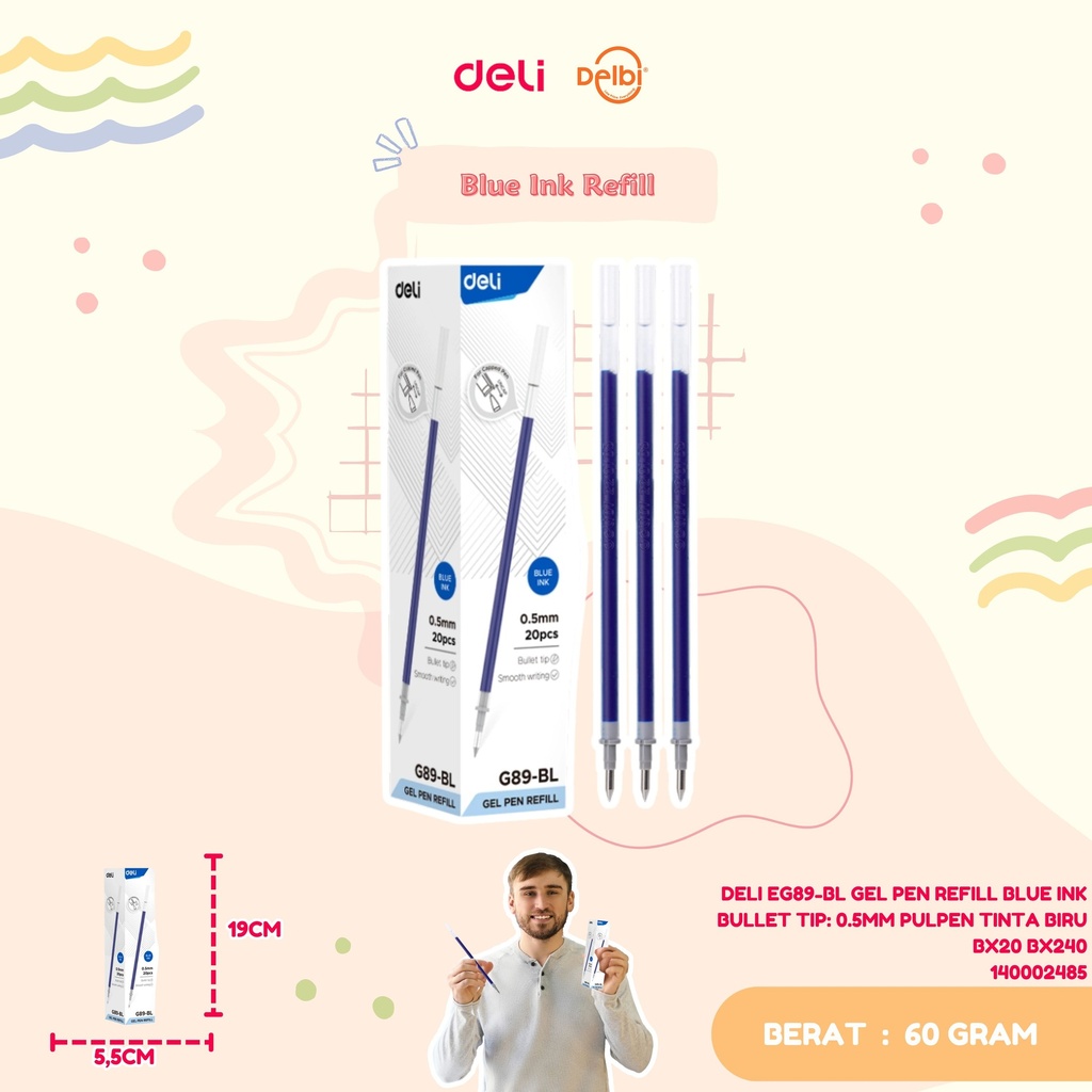 DELI EG89-BL GEL PEN REFILL BLUE INK BULLET TIP: 0.5MM PULPEN TINTA BIRU BX20 BX240 