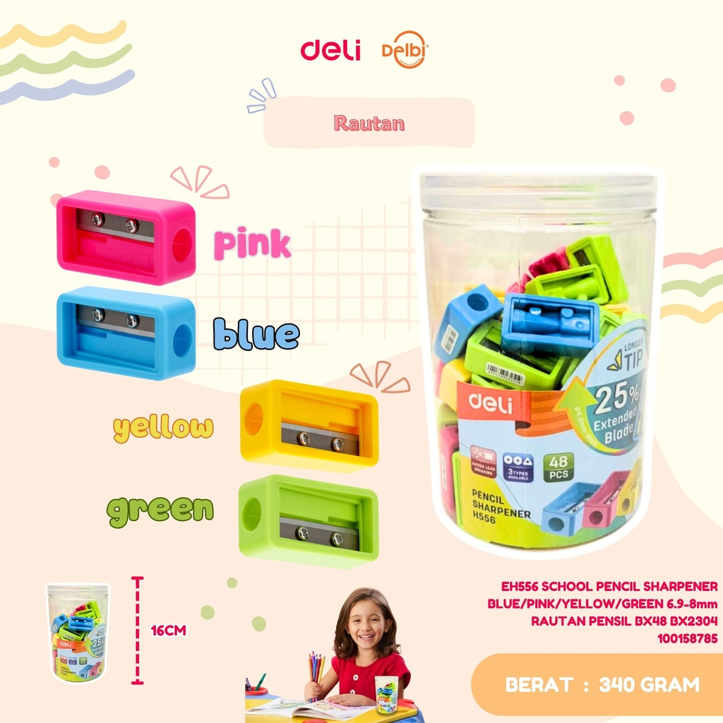 [100158785] DELI EH556 SCHOOL PENCIL SHARPENER BLUE/PINK/YELLOW/GREEN 6.9-8mm RAUTAN PENSIL BX48 BX2304