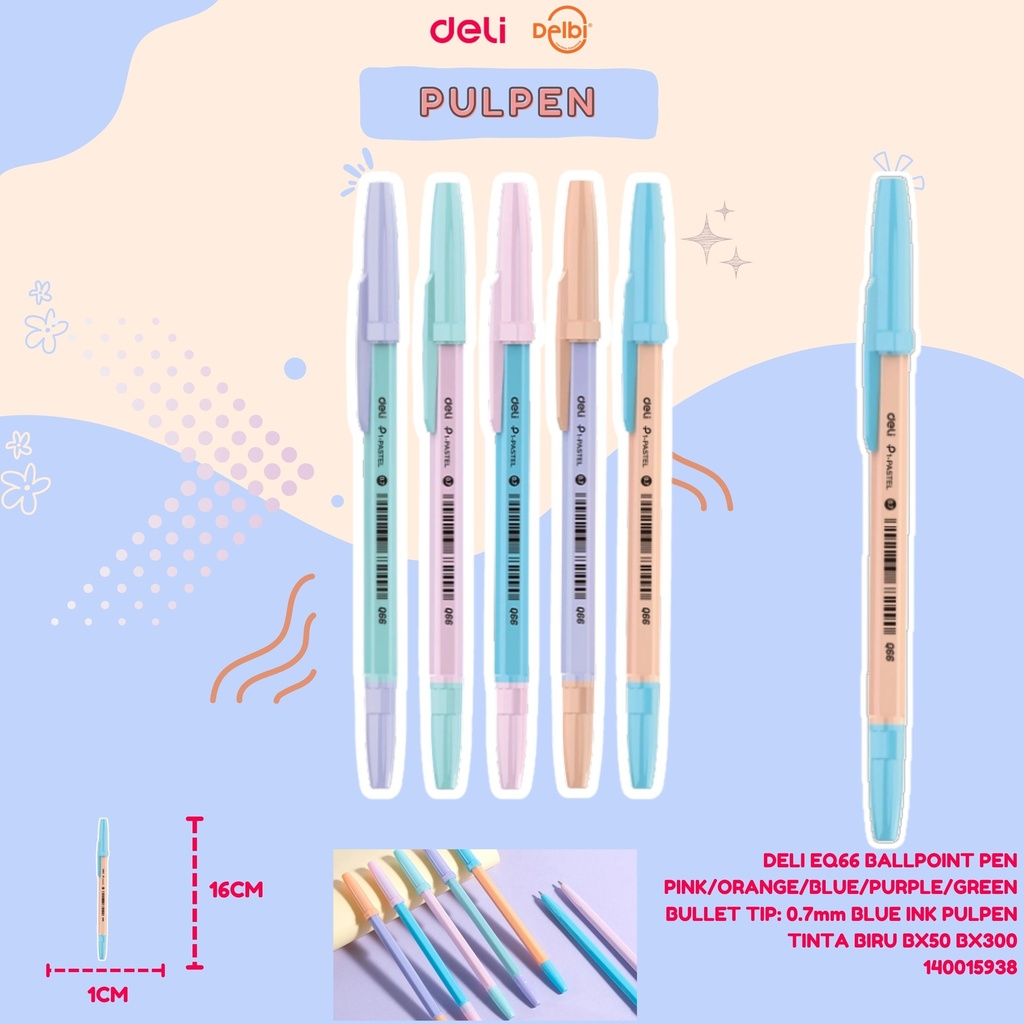 DELI EQ66 BALLPOINT PEN PINK/ORANGE/BLUE/PURPLE/GREEN BULLET TIP: 0.7mm BLUE INK PULPEN TINTA BIRU BX50 BX300