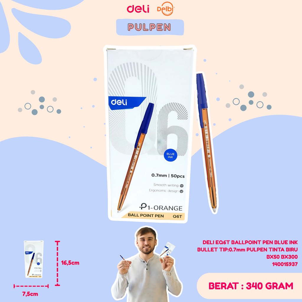DELI EQ6T BALLPOINT PEN BLUE INK BULLET TIP:0.7mm PULPEN TINTA BIRU BX50 BX300