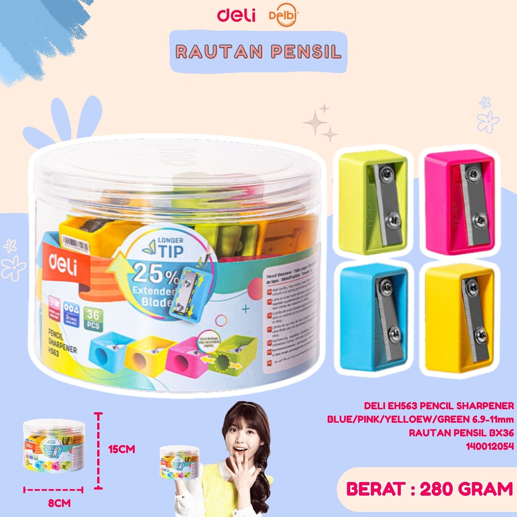 DELI EH563 PENCIL SHARPENER BLUE/PINK/YELLOEW/GREEN 6.9-11mm RAUTAN PENSIL BX36