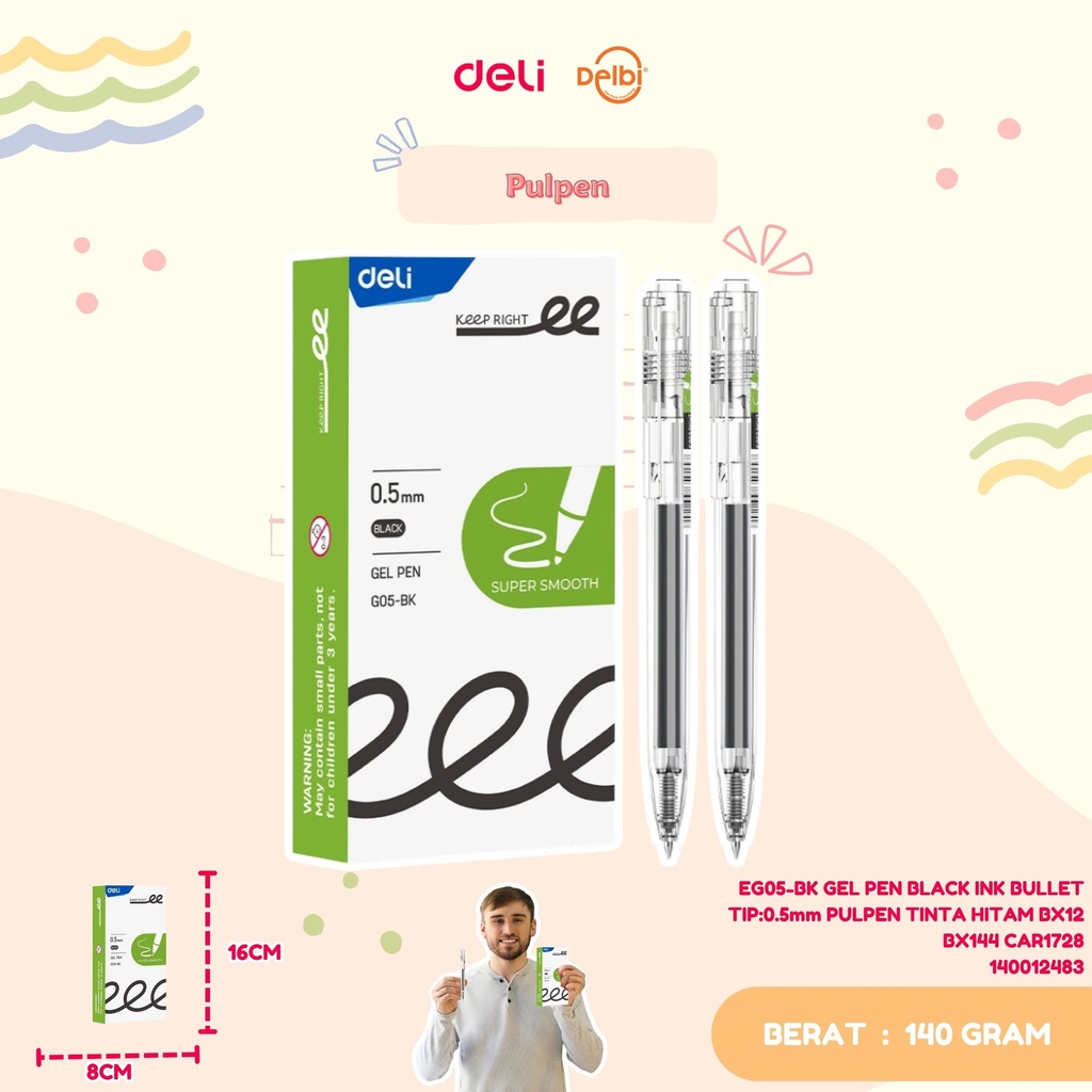 DELI EG05-BK GEL PEN BLACK INK BULLET TIP:0.5mm PULPEN TINTA HITAM BX12 BX144 CAR1728