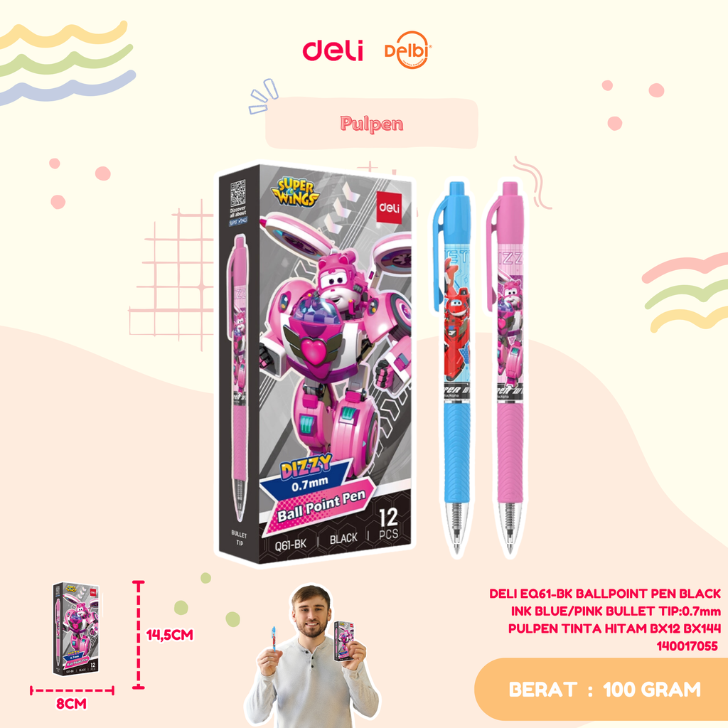 [140017055] DELI EQ61-BK BALLPOINT PEN BLACK INK BLUE/PINK BULLET TIP:0.7mm PULPEN TINTA HITAM BX12 BX144 CAR1728  