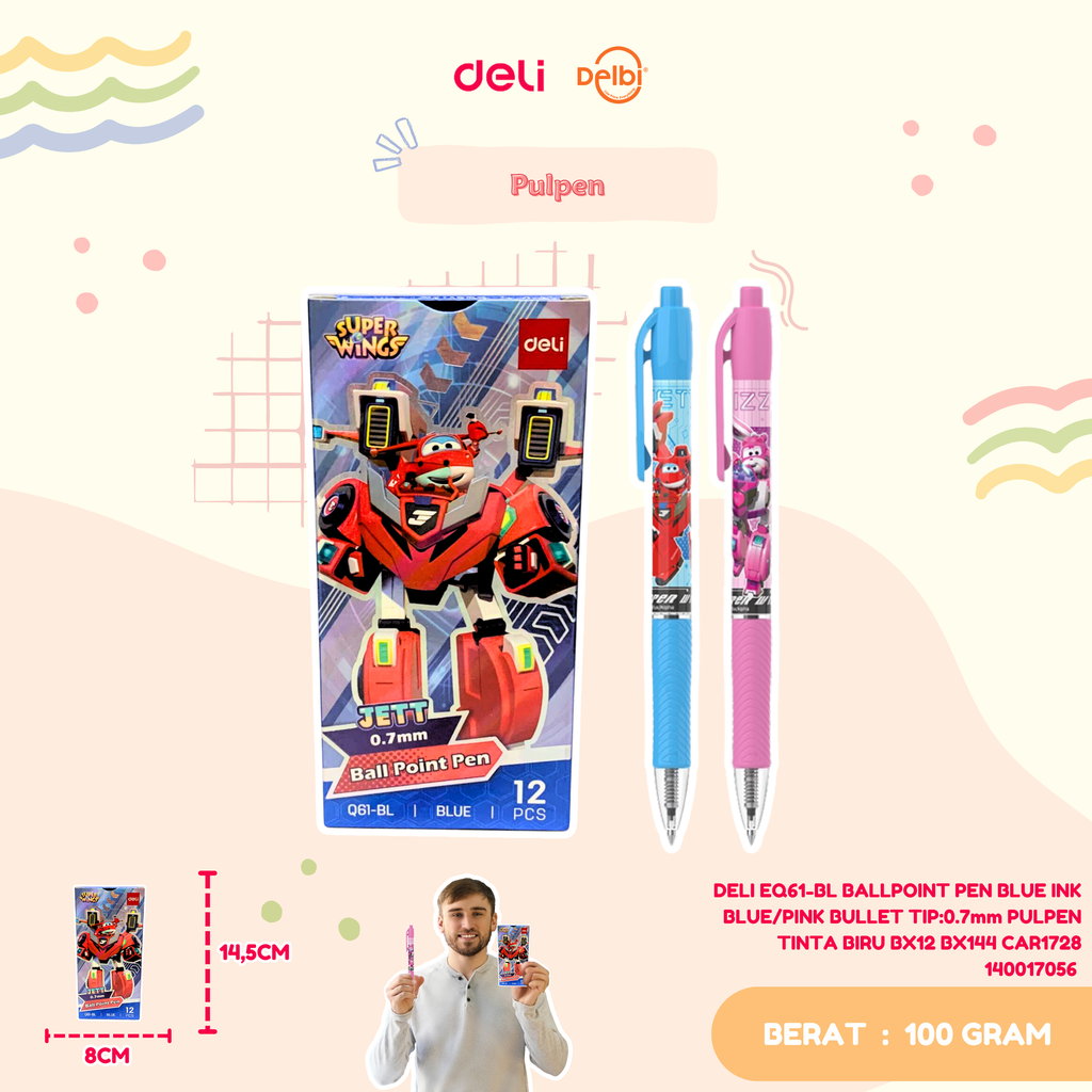 [140017056] DELI EQ61-BL BALLPOINT PEN BLUE INK BLUE/PINK BULLET TIP:0.7mm PULPEN TINTA BIRU BX12 BX144 CAR1728 