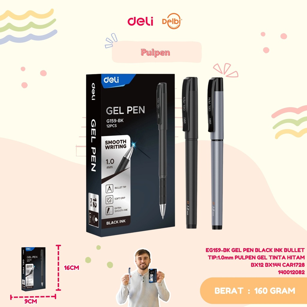 DELI EG159-BK GEL PEN BLACK INK BULLET TIP:1.0mm PULPEN GEL TINTA HITAM BX12 BX144 CAR1728