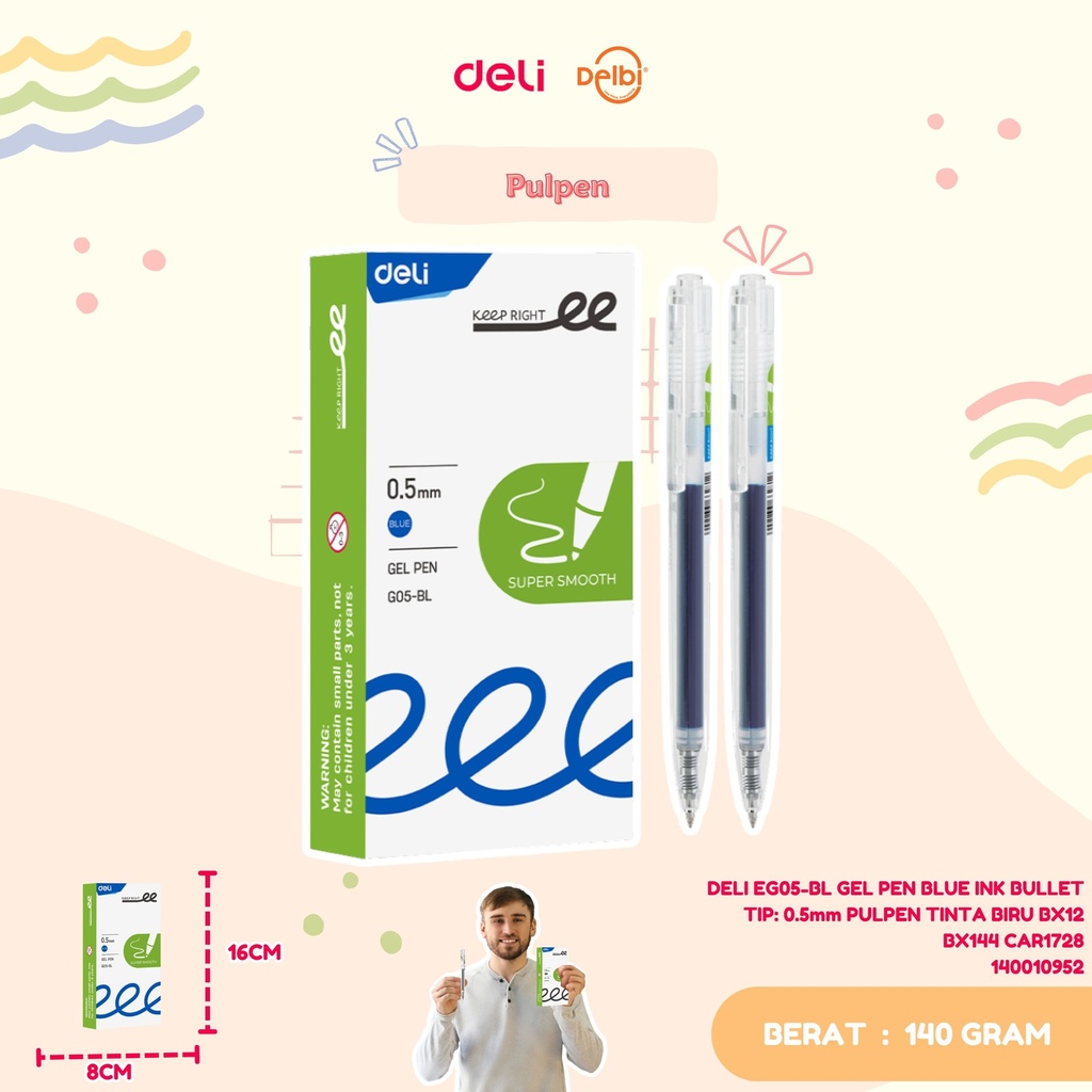 DELI EG05-BL GEL PEN BLUE INK BULLET TIP: 0.5mm PULPEN TINTA BIRU BX12 BX144 CAR1728