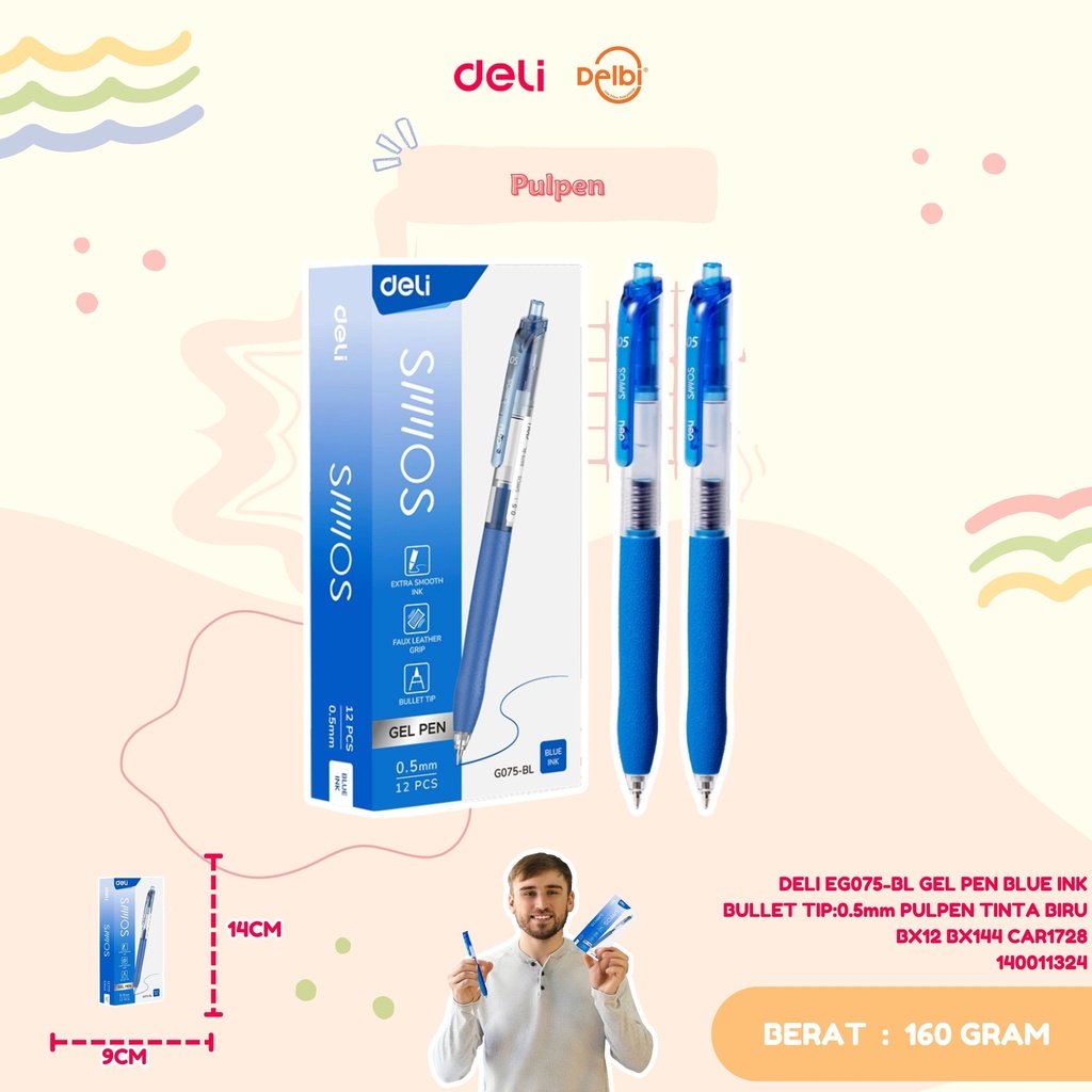 DELI EG075-BL GEL PEN BLUE INK BULLET TIP:0.5mm PULPEN TINTA BIRU BX12 BX144 CAR1728