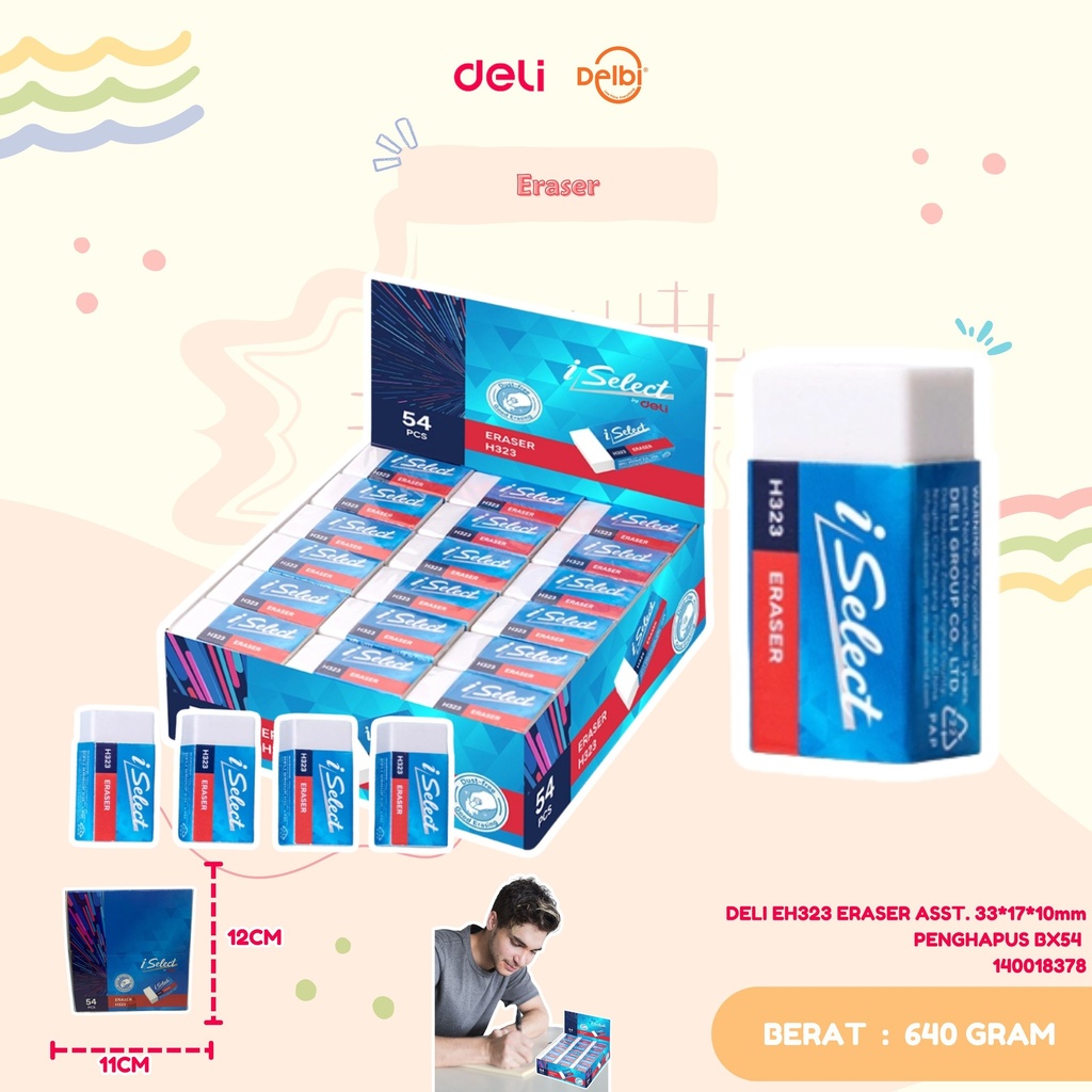 DELI EH323 ERASER ASST. 33*17*10mm PENGHAPUS BX54 