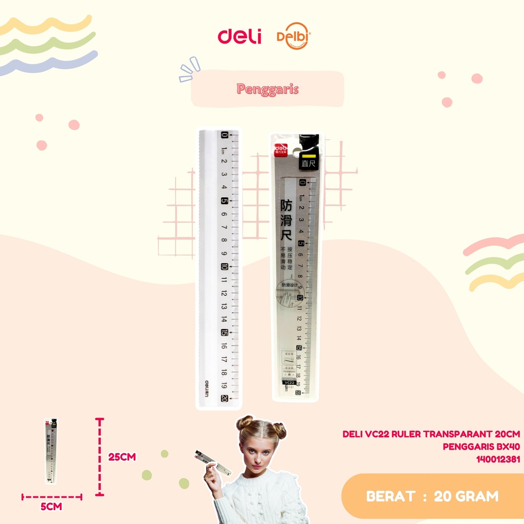 [140012381] DELI VC22 RULER TRANSPARANT 20CM PENGGARIS BX40