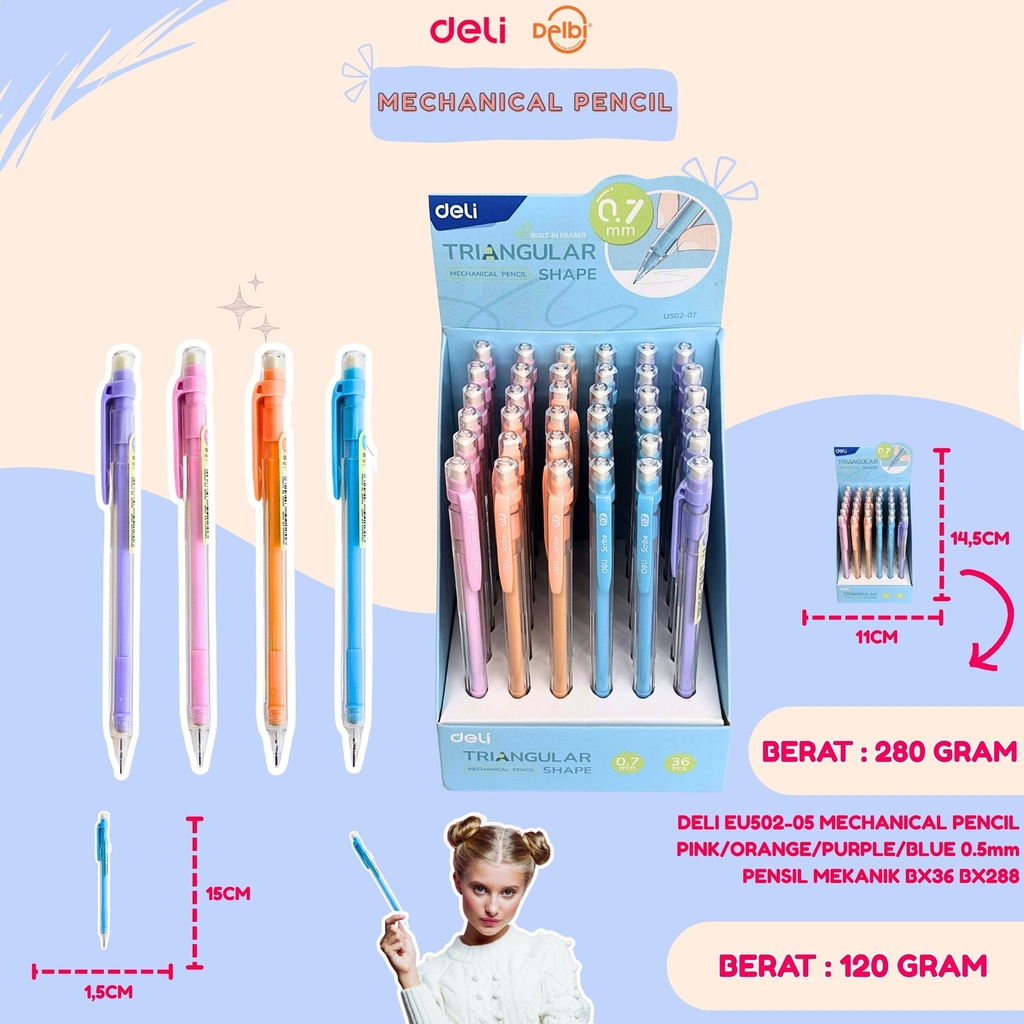 DELI EU502-05 MECHANICAL PENCIL PINK/ORANGE/PURPLE/BLUE 0.5mm PENSIL MEKANIK BX36 BX288