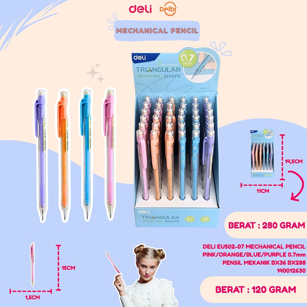 DELI EU502-07 MECHANICAL PENCIL PINK/ORANGE/BLUE/PURPLE 0.7mm PENSIL MEKANIK BX36 BX288