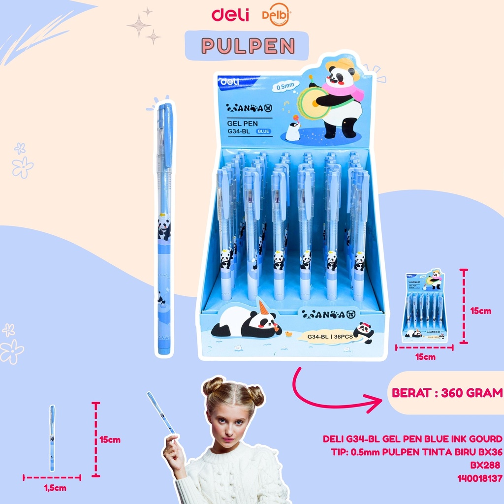 [140018137] DELI G34-BL GEL PEN BLUE INK GOURD TIP: 0.5mm PULPEN TINTA BIRU BX36 BX288 