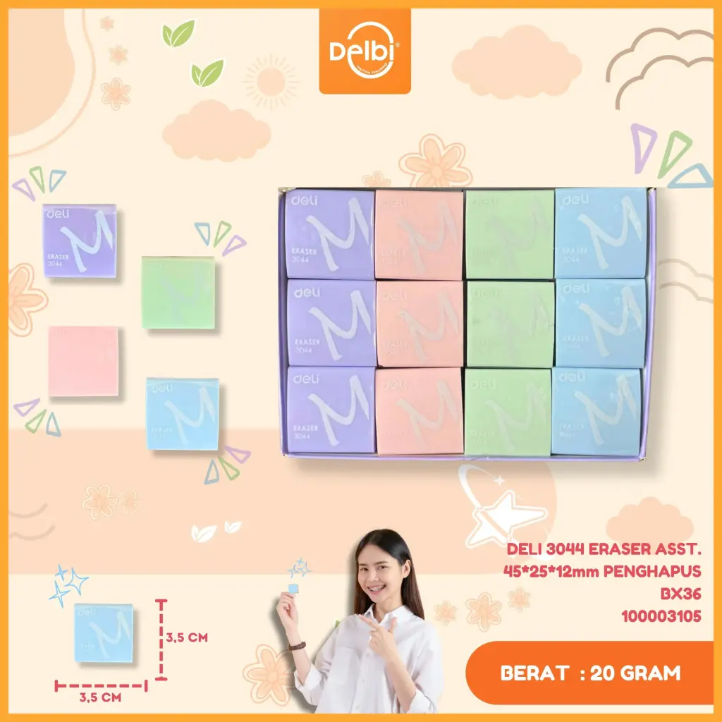 DELI 3044 ERASER ASST. 45*25*12mm PENGHAPUS BX36