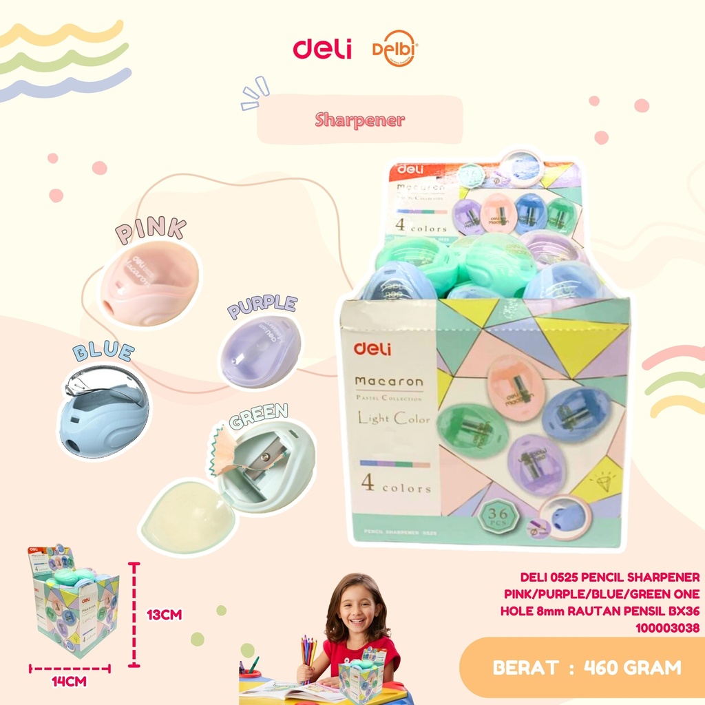 [100003038] DELI 0525 PENCIL SHARPENER PINK/PURPLE/BLUE/GREEN ONE HOLE 8mm RAUTAN PENSIL BX36