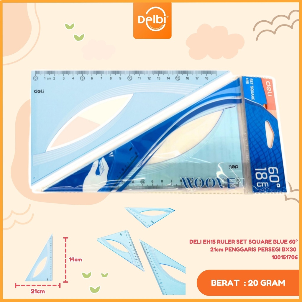 DELI EH15 RULER SET SQUARE BLUE 60° 21cm PENGGARIS PERSEGI BX30 