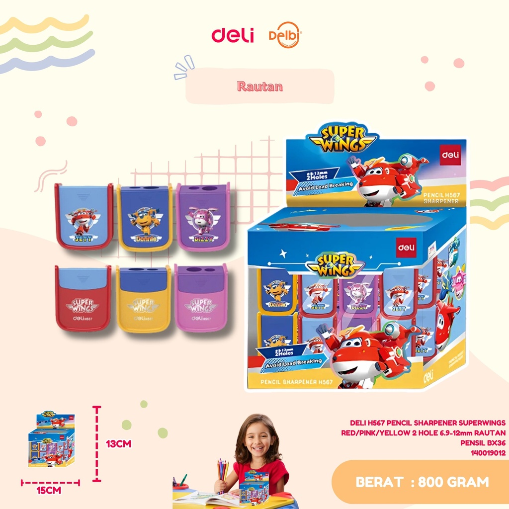 [140019012] DELI H567 PENCIL SHARPENER SUPERWINGS RED/PINK/YELLOW 2 HOLE 6.9-12mm RAUTAN PENSIL BX36