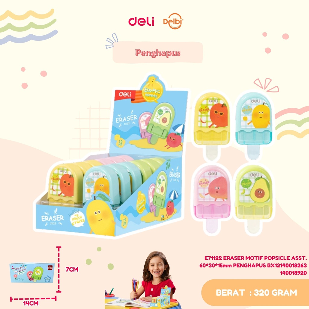 DELI E71122 ERASER MOTIF POPSICLE ASST. 60*30*15mm PENGHAPUS BX12