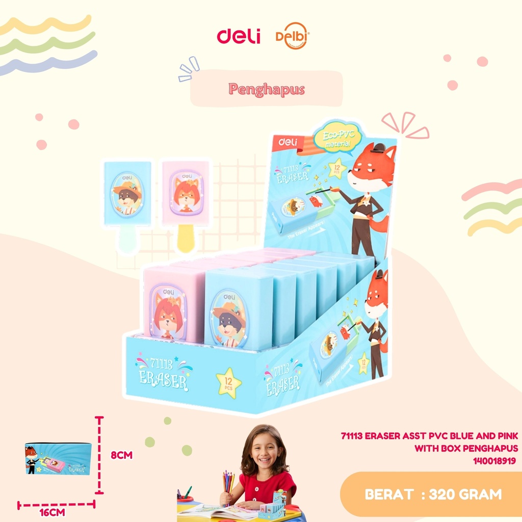 DELI 71113 ERASER ASST PVC BLUE AND PINK WITH BOX PENGHAPUS 