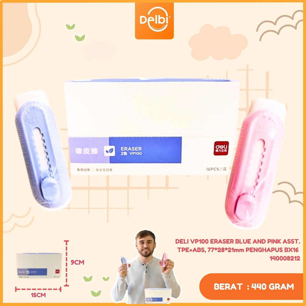[140008212] DELI VP100 ERASER BLUE AND PINK ASST. TPE+ABS, 77*28*21mm PENGHAPUS BX16 